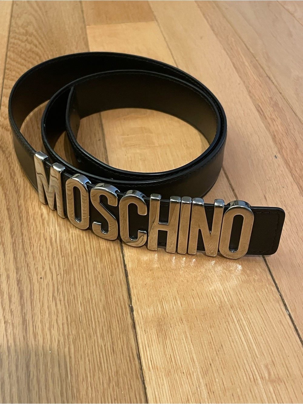 Moschino Black Belt with Silver MOSCHINO Lettering Buckle